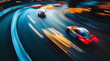 Cars race on a winding track, their motion blurred by speed, creating a vivid display of competition and velocity in the nighttime setting. photo