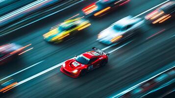 Race cars speeding on a track, blurring with motion. Dynamic shot of auto competition capturing speed and intensity of road racing. photo