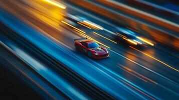 Red race car streaks across the track, captured with dynamic motion blur, conveying extreme speed and excitement of competitive motorsport. photo