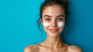 Radiant woman with cream accents under her eyes, skin glowing against a crisp blue backdrop, youthful skincare routine captured in a smile. photo