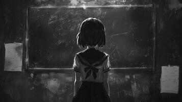 Back view of a student standing in front of an old blackboard in black and white tone, creating a sense of nostalgia and introspection. photo