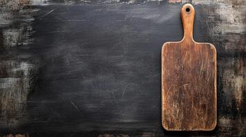 Rustic wooden cutting board on dark textured surface. Use as a background with space for food photography and text overlay. photo