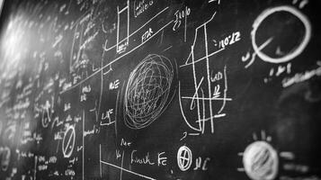 Chalkboard covered in complex diagrams and equations, conveying scientific concepts and abstract mathematical ideas photo