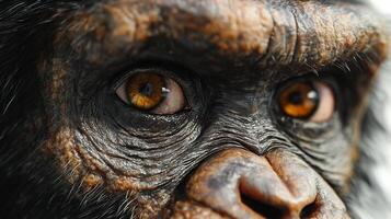 A focused macro view of a primate, its expressive eyes conveying depth and intelligence, set against a detailed backdrop of skin. photo