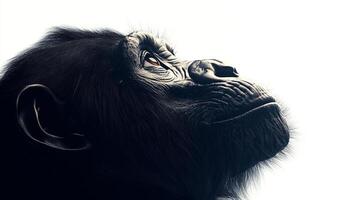 A striking, close-up portrait of a thoughtful looking primate, head tilted upwards against a bright white background. Expressive and detailed. photo