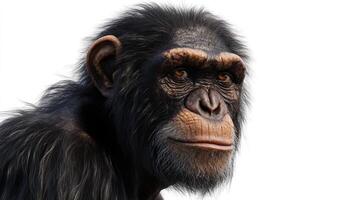 A captivating close-up portrait of a chimpanzee, showcasing its human-like expression against a bright white background. photo