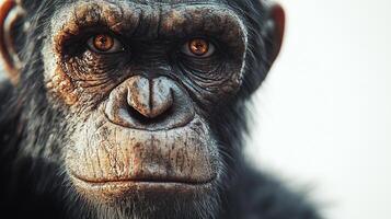 An extremely close view of the monkey or primate's face is presented with a focus on its eyes, nose, and mouth, conveying emotion and wisdom. photo