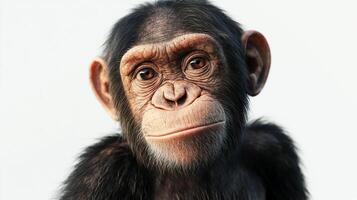 Portrait of a young chimpanzee gazing forward with soft, brown eyes. Furry face with a neutral expression, set against a plain background. photo