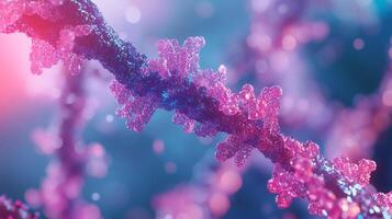 Detailed close-up of a shimmering, abstract structure resembling a biological molecule, rendered in vibrant pinks and blues. photo