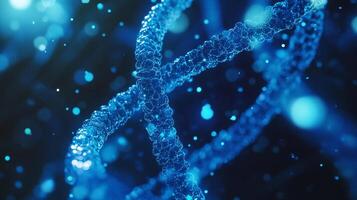 Abstract DNA structure visualized in a blue, glowing representation. Science and technology concept, dark background. photo