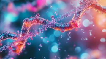An abstract, digitally rendered image features a textured, branching structure against a backdrop of soft, blurred lights and floating elements. photo