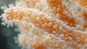 Microscopic view of a cellular structure with protruding elements. Cells appear orange, adorned with small, bulbous, white shapes. photo