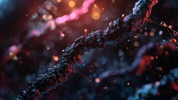 Abstract digital rendering of a textured structure with glowing orbs and geometric connectors against a dark, nebulous background. photo