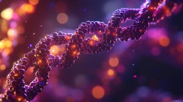 Close-up shot showcases the structure of a DNA double helix, representing genetics and cellular biology against a dreamy bokeh background. photo