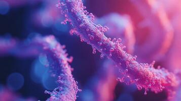 Detailed view of a biological strand showing a cellular or molecular structure with vibrant purple and blue hues under bright lighting. photo