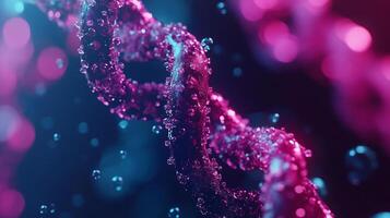 Abstract strand with textured surface. Detailed structure in vibrant pink and teal, conveying science, technology, and futuristic concepts. photo