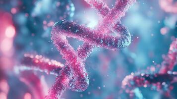 Abstract DNA strand rendering with a helix structure in vibrant pink and blue colors, showcasing its complex molecular biology. photo