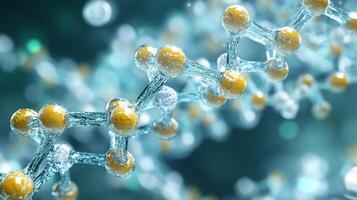 Detailed, macro view showcasing molecule structure with interconnected spheres, against a blurry backdrop of blue and white orbs. photo