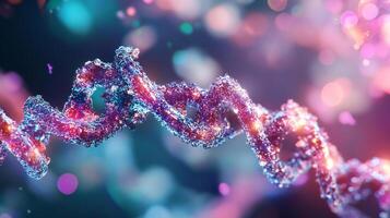Abstract digital art representing genetic code, DNA structure with vibrant pink and blue bokeh lights in the background. photo