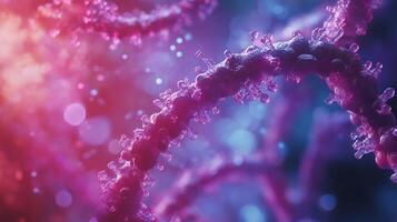 Abstract microscopic view showcases a complex, chain-like structure with intricate details, set against a vibrant pink and blue backdrop. photo