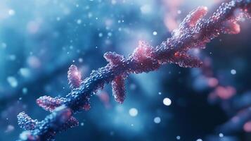 Detailed microscopic view showcasing intricate molecular structures, rendered with vibrant blue and red hues, resembling abstract chain. photo
