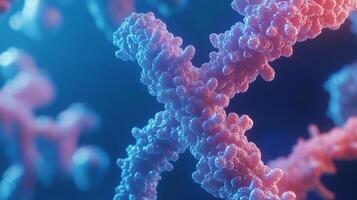 Microscopic chromosome structure with a red and blue color scheme for medical or biology themed backgrounds and presentations. photo