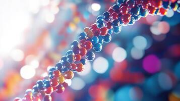 A vibrant, detailed close-up shows a molecular structure with red and blue spheres against a colorful, bokeh-filled background. photo