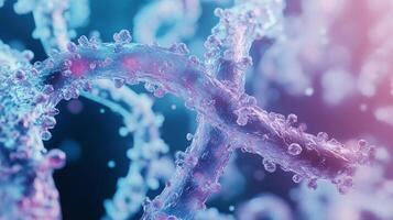 Abstract microscopic view of a viral strand, rendered in shades of blue and pink, showing intricate molecular structures. photo