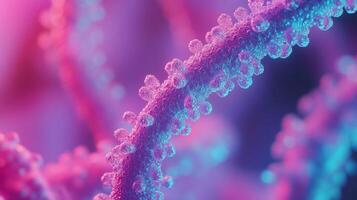 Close-up of organic coral-like growth with blue and pink neon lighting emphasizing its intricate, cellular structure. Futuristic, scientific. photo