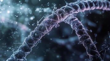 Detailed microscopic view of DNA strands, revealing intricate structures and the complexity of genetic material on a dark bokeh background. photo