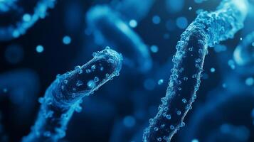 Detailed microscopic view of textured, elongated bacteria-like structures on a deep blue gradient with surrounding bokeh-like elements. photo