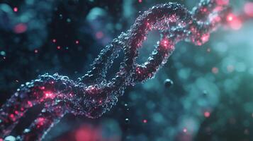 Abstract representation of a DNA strand, with a dark background and red and blue tones, showcasing the genetic code in a stylized manner. photo