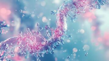 Abstract DNA strand concept with translucent helical structure on a colorful blue and pink bokeh background, floating droplets. photo
