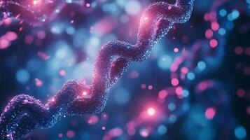Abstract rendering of a spiraling helix, sparkling with pink and blue lights against a blurred background, representing science. photo