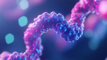 Close-up of a shimmering, spiraling structure, illuminated in vibrant blues and pinks against a dark backdrop. Intricate cellular texture. photo