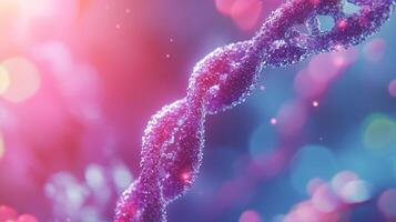 Detailed 3D rendering of a DNA double helix against a soft-focus background. The structure is brightly illuminated in pink and blue hues. photo