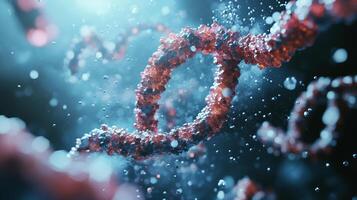 Detailed microscopic image of a DNA double helix with a red and blue color scheme, representing genetic science and innovation. photo