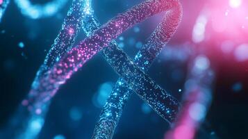 Glowing strands intertwine in a captivating dance of science and technology, illuminated by a vibrant blue and pink light display. photo