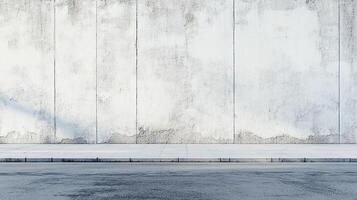 Exterior view of a weathered concrete wall, meeting a sidewalk and asphalt road, creating an urban background with geometric shapes and textures. photo