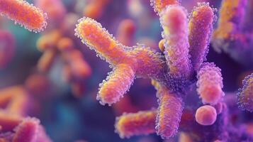 Microscopic view of brightly colored, rod-shaped bacteria and spherical cells under magnification, displaying intricate details. photo