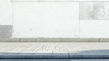 Urban concrete background of a tiled sidewalk against a weathered wall with sunlight creating shadows for graphic design elements. photo