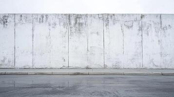 Weathered concrete wall with visible seams and aging, positioned above a wet city street, creating stark contrast and urban texture. photo