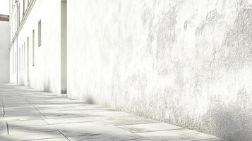 Bright white building facade and pathway with geometric shadows creates a stark and inviting scene for architectural photography. photo