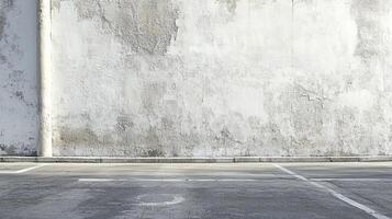 Urban decay captured in a stark parking lot scene, featuring a weathered wall and faded parking lines under soft sunlight. photo
