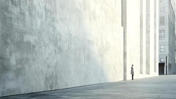 Solitary figure stands dwarfed by minimalist architecture, a study in scale and urban isolation. Light and shadow create stark contrasts. photo