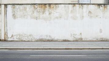 Aged white wall with mottled surface, running alongside a sidewalk and a road, urban decay texture, space to add text or design. photo