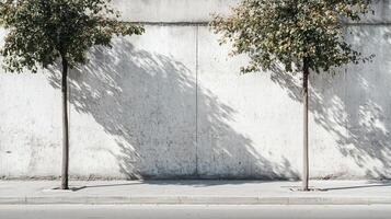 Urban trees cast long shadows on a textured wall. A serene street scene with greenery and stark contrasts of light and shadow. photo