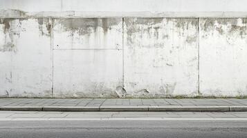 A weathered concrete wall stands adjacent to a pavement and street, offering a textured backdrop with gray hues. Minimalist design prevails. photo