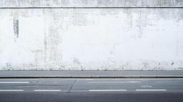 An urban scene featuring a textured white wall, a gray sidewalk, and a dark asphalt road with white lane markings, creating a minimalist cityscape. photo