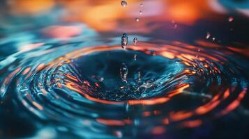 Mesmerizing water droplets create ripples, capturing the beauty of fluid dynamics in this vibrant and detailed image. Water art at its finest. photo